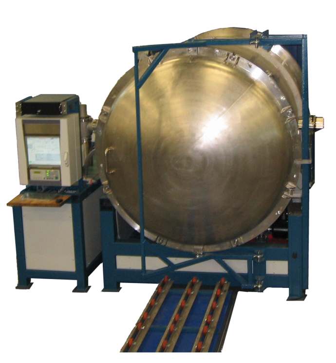 Automatic helium leak testing system for aluminum casting for SF6-gas circuit breakers.
